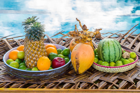 Fresh Fruits on the beach at a deckの写真素材
