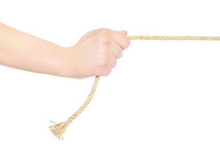 Hands and rope isolated on white backgroundの写真素材