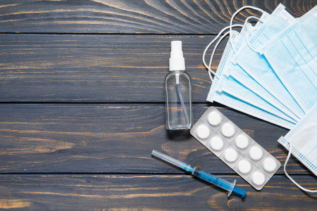 Medical mask. Protective masks with coronavirus tube test. Healthcare and medical concept. Coronavirus or COVID-19 protection concept.の写真素材