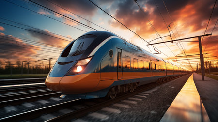 High speed train passing station. Modern high speed aerodynamic streamlined electric train passing by.の素材