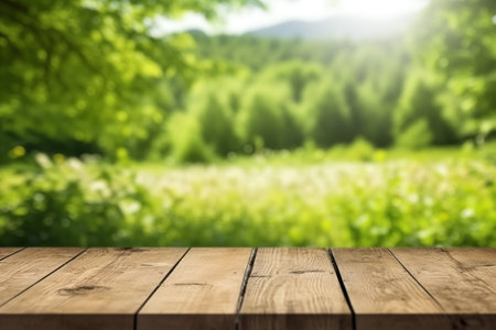 Wooden table and blurred green nature garden background. Old empty wooden table - green spring backgroundの素材