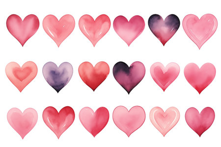 Watercolor hearts. Set of hand painted watercolor hearts. Valentines day. Isolated objects perfect for Valentine's day card or romantic post cards.の素材