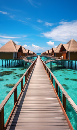 Overwater bungalow in the Indian Ocean. Tropical Maldives. Summer vacation on a tropical island with beautiful beach and palm treesの素材