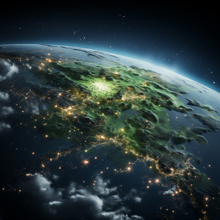 Planet Earth with detailed relief and atmosphere. Blue space background with earth and galaxy.の素材