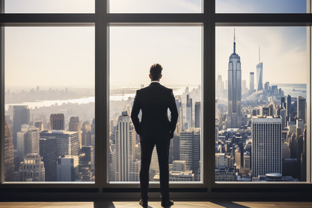 Businessman standing in office with modern city in background. Businessman standing in modern office with panoramic window and city viewの素材