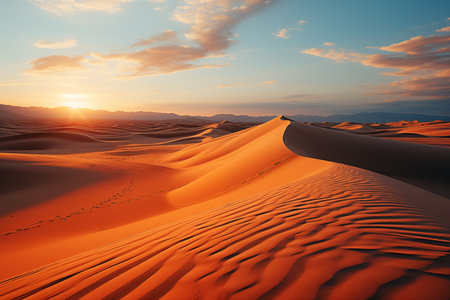 Photo of a breathtaking desert sunset with majestic sand dunes. Sand dunes in the Desertの素材