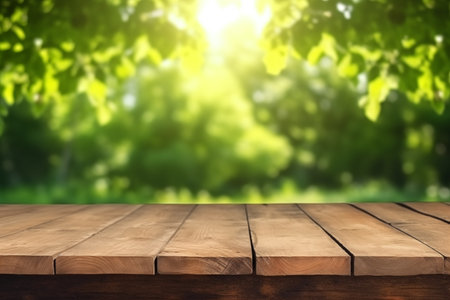 Wooden table and blurred green nature garden background. Old empty wooden table - green spring backgroundの素材