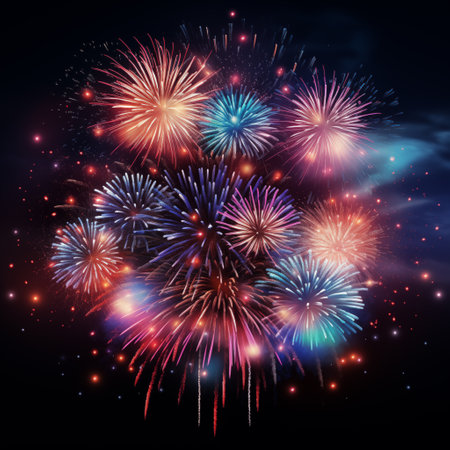 Fireworks in the night sky. Fireworks at Night. Stars of the fireworks are on a darkの素材