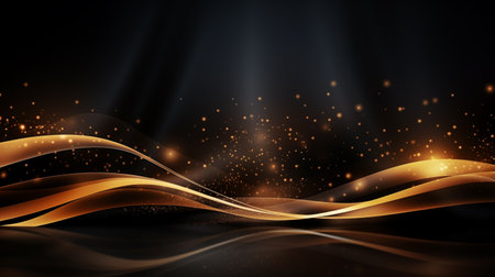 Golden light shine particles bokeh on black background. Holiday concept.の素材