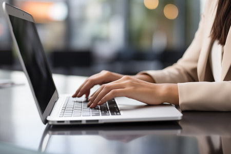 Female hands office manager typing on laptop, closeup of hands on black keyboard. Closeup of businesswoman typing on laptop computerの素材