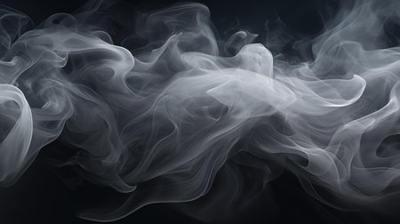 Smoke clouds, steam mist fog and white foggy vapor. Realistic smoke particles isolated on black background. Beautiful swirling gray smoke.の素材