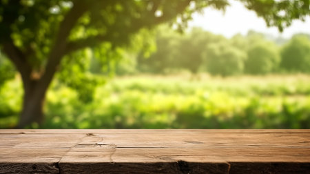 Wooden table and blurred green nature garden background. Old empty wooden table - green spring backgroundの素材