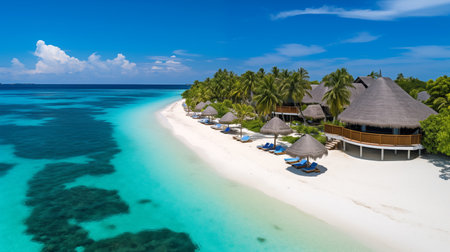 Overwater bungalow in the Indian Ocean. Tropical Maldives. Summer vacation on a tropical island with beautiful beach and palm treesの素材