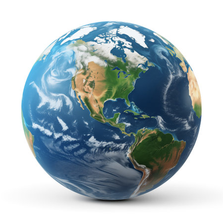 Planet earth globe isolated on white background. Blue and green realistic world.の素材