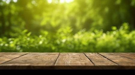 Wooden table and blurred green nature garden background. Old empty wooden table - green spring backgroundの素材