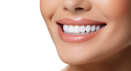 Perfect healthy teeth smile of a young woman. Teeth whitening. Dental care, stomatology concept.の素材