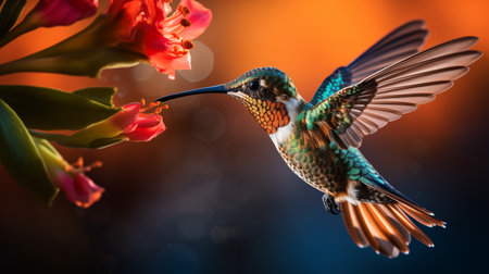 Hummingbird in flight. Flying hummingbird with green forest in background. Small colorful bird in flight.の素材