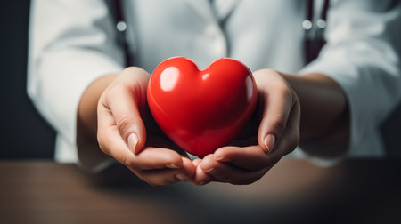 doctor holding a red heart in his hands. hands hold a red heartの素材