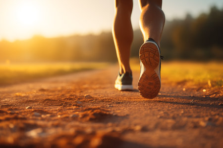 Close up view of runner sport shoes sprint running on track. A healthy life style showing running and walking themeの素材