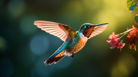 Hummingbird in flight. Flying hummingbird with green forest in background. Small colorful bird in flight.の素材