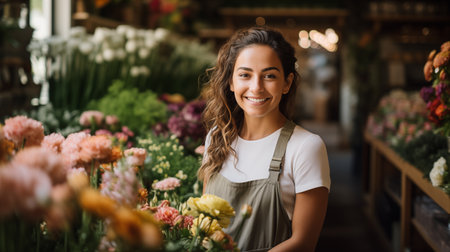 Portrait of cheerful woman standing in her flower shop.の素材