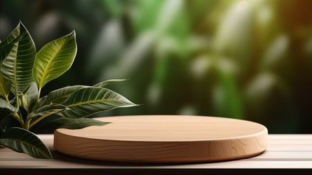 Wooden product display podium for cosmetic product with green nature backgroundの素材