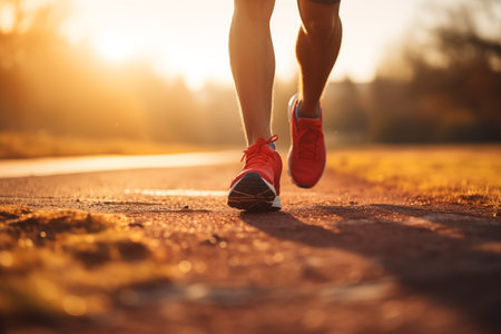 Close up view of runner sport shoes sprint running on track. A healthy life style showing running and walking themeの素材