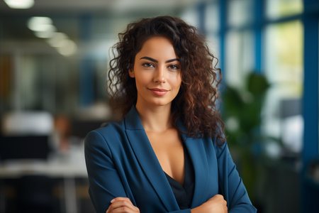 Smilling businesswoman standing at the office, looking at the camera.の素材