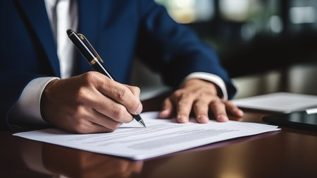 Businessman use elegant pen to signing contract in modern office. The entrepreneur employs a pen to create a notation on the booking schedule.の素材