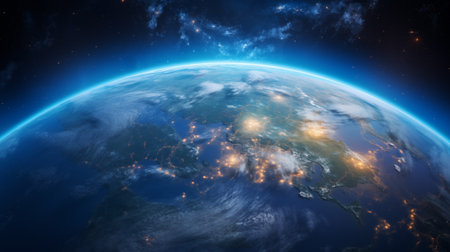 Planet Earth with detailed relief and atmosphere. Blue space background with earth and galaxy.の素材