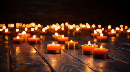 Yellow candle light burn against black background. Golden light of candle flameの素材
