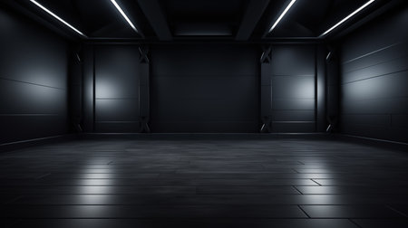 Dark gray gradient background spotlight on empty studio room. Empty dark abstract cement wall and studio room with smoke float up interior texture for display products wall background.の素材