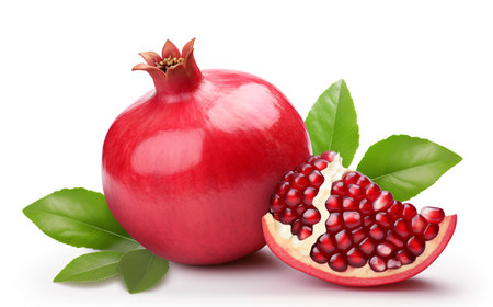 Fresh ripe pomegranate with green leaves isolated on white background.の素材
