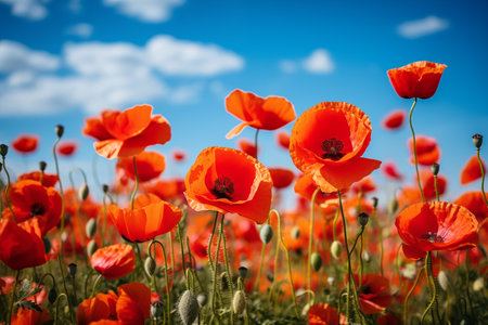 meadow with red poppies blue sky in the backgroundの素材
