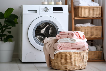 A basket of laundry with a pile of folded towels next to a washing machine. Washing machine and basket in a laundry roomの素材