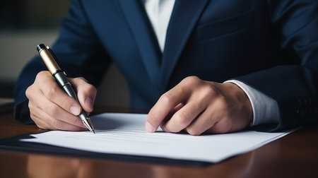 Businessman use elegant pen to signing contract in modern office. The entrepreneur employs a pen to create a notation on the booking schedule.の素材