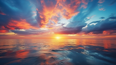 A sunset over the ocean with a colorful sky and clouds.の素材