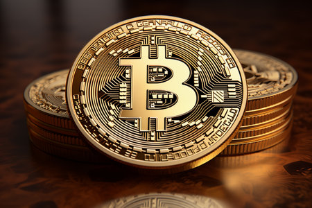 Bitcoin golden coins on a chart. Blockchain technologyの素材