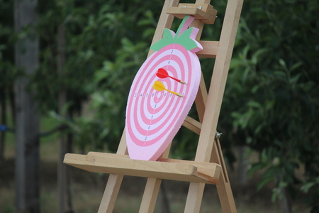 Playing darts on a strawberry shaped dart board outdoorの写真素材