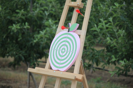 Playing darts on an apple-shaped dart board outdoorの写真素材