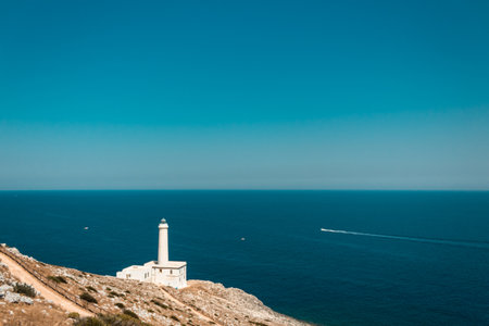 Capo d'Otranto: The easternmost lighthouse in Italy overlooking the stretch of the Otranto Channel, Pugliaの写真素材