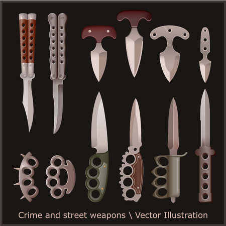 Crime and street weapons set. Trench knife, butterfly knife, push dagger and other.のイラスト素材