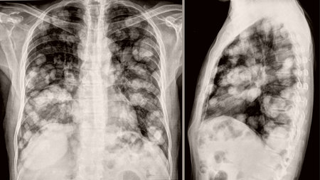 lateral and frontal chest x-ray patient with complicated pneumonia possible tuberculosisの写真素材