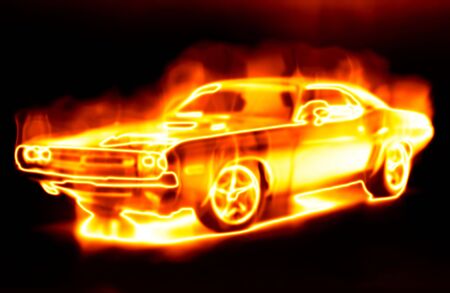 Car surrounded by flames on a black backgroundの写真素材