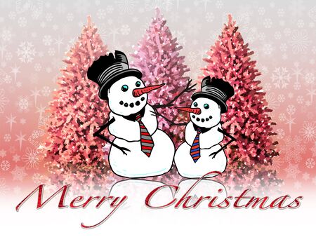 Christmas landscape with snowy trees and snowmenの写真素材