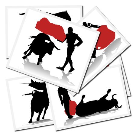 Collection of illustrations with a bullfighter in action, spainの写真素材