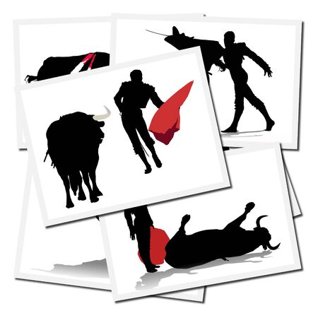 Collection of illustrations with a bullfighter in action, spainの写真素材