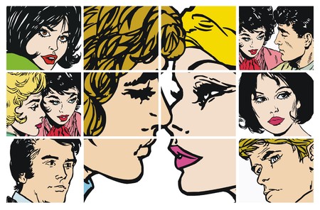 Collection of illustrations with couples in love on a white backgroundの写真素材