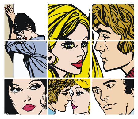 Collection of illustrations with couples in love on a white backgroundの写真素材