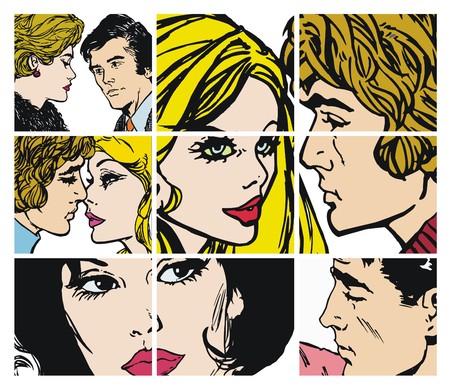 Collection of illustrations with couples in love on a white backgroundの写真素材